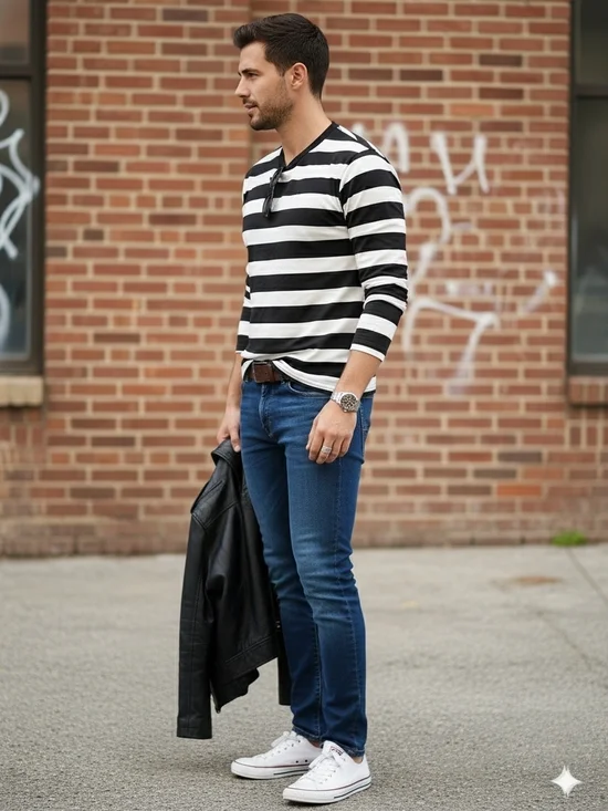 Men's Black & White Horizontal Stripe Long Sleeve Shirt - Picture 3 of 6